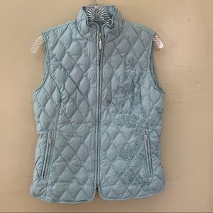 Eddie Bauer Vest Blue GOOSE DOWN Quilted Floral Stitch Zipper Front Pockets XS